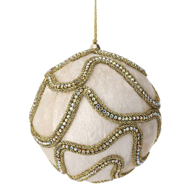 Ivory velvet ball ornament with jeweled detail.