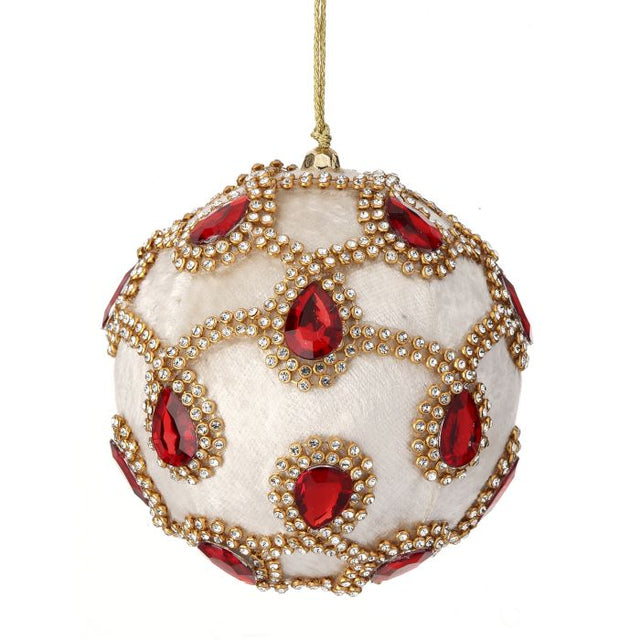 Ivory velvet ball ornament with red gem accents.