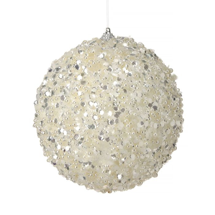White pearl ball ornament with a lustrous pearlescent finish.