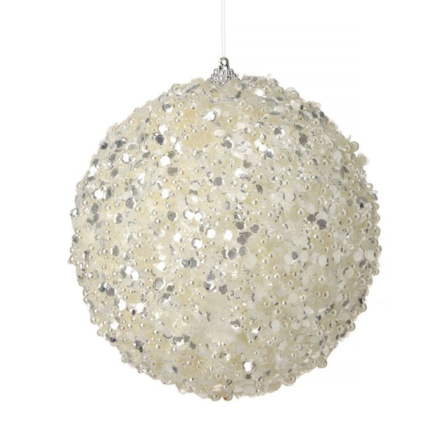 White pearl ball ornament with a lustrous pearlescent finish.