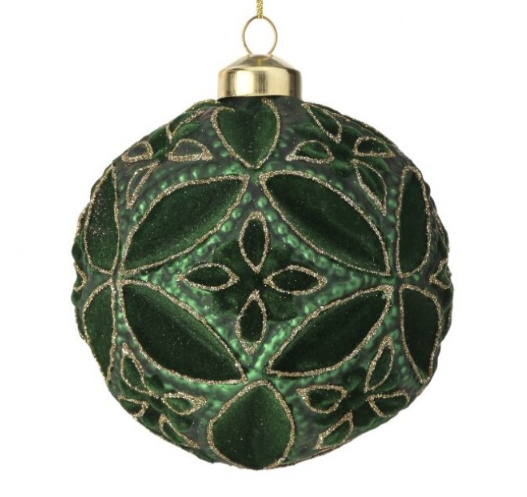 4" Emerald Fleurette Glass Glitter Ornament
