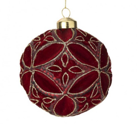 4" Burgundy Fleurette Glass Ball Ornament