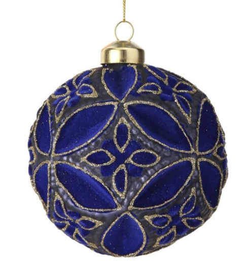 Blue glass ball ornament with glitter.