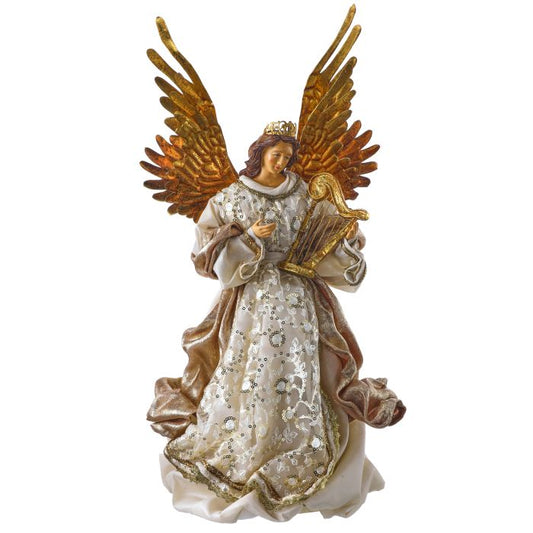 Ivory and champagne angel ornament with a harp.