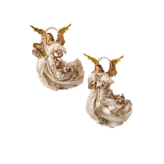 Ivory and champagne flying angel figurine with outstretched wings.