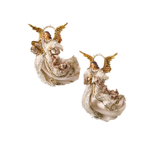 Ivory and champagne flying angel figurine with outstretched wings.