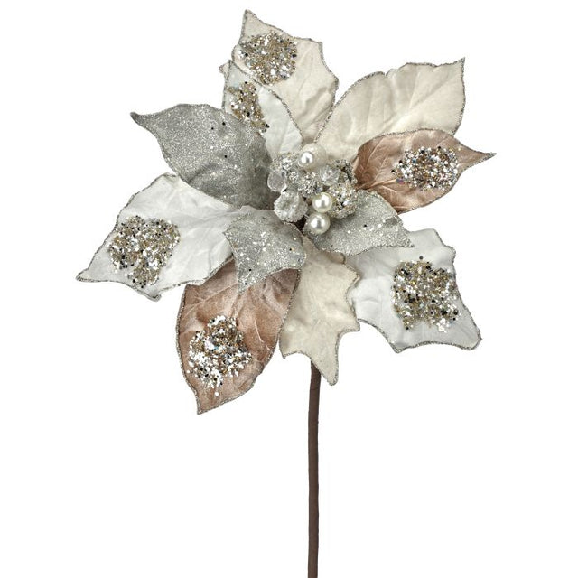 Champagne poinsettia stem with platinum-toned glamour petals.