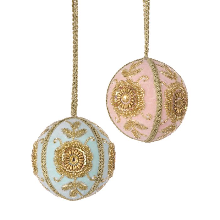 4 inch Velvet Floral Beaded Ornament Pink/Green