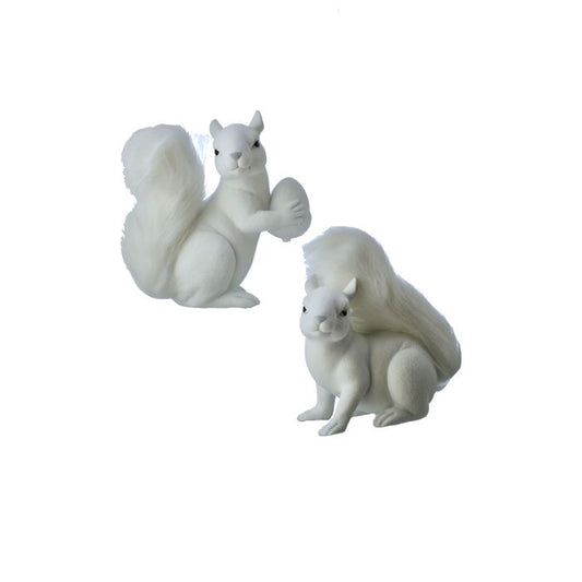 White flocked squirrel figurine in a perched pose.