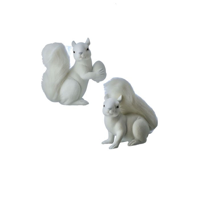 White flocked squirrel figurine in a perched pose.