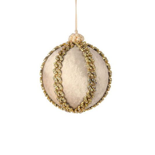 Ivory velvet ball ornament with a gold chain.