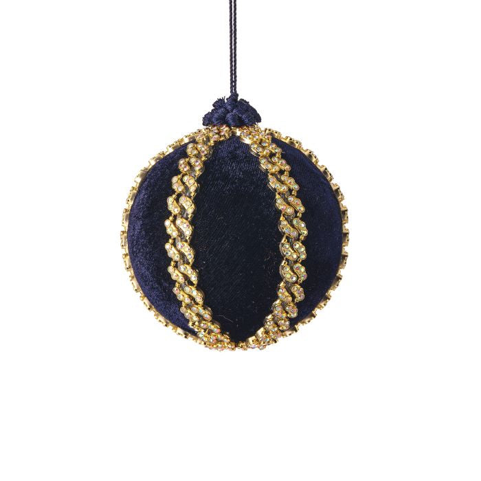 Navy velvet ball ornament with jeweled detailing.