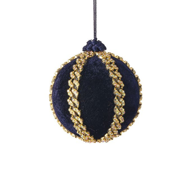 Navy velvet ball ornament with jeweled detailing.