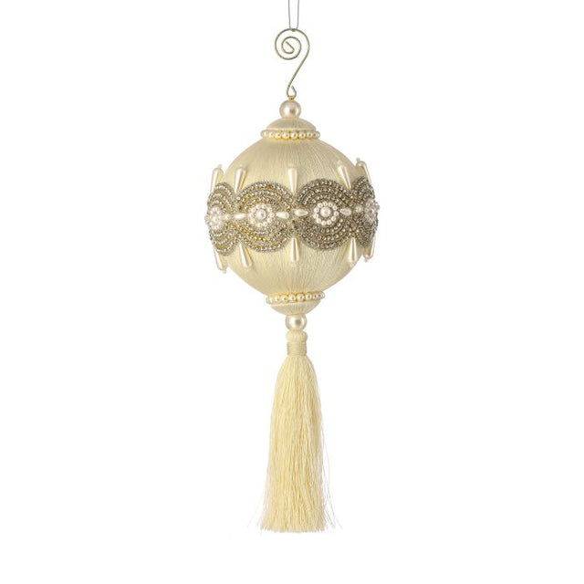 Ivory tassel ornament with pearl jewel beading.
