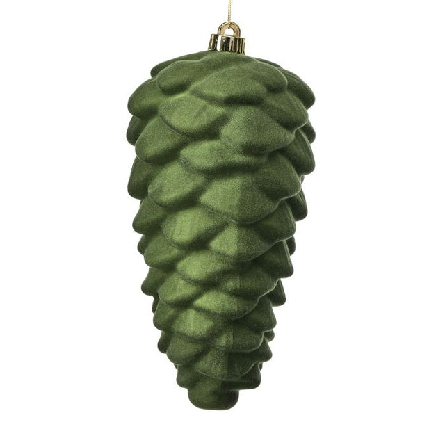 Green flocked pinecone ornament with a soft woodland finish.