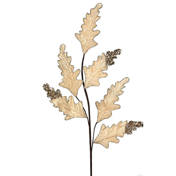 Ivory velvet acanthus spray with soft leaves.