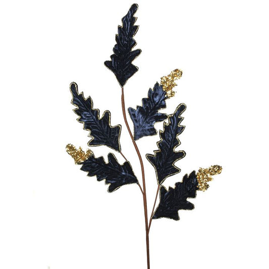 Midnight blue velvet acanthus spray with sculptural leaves.