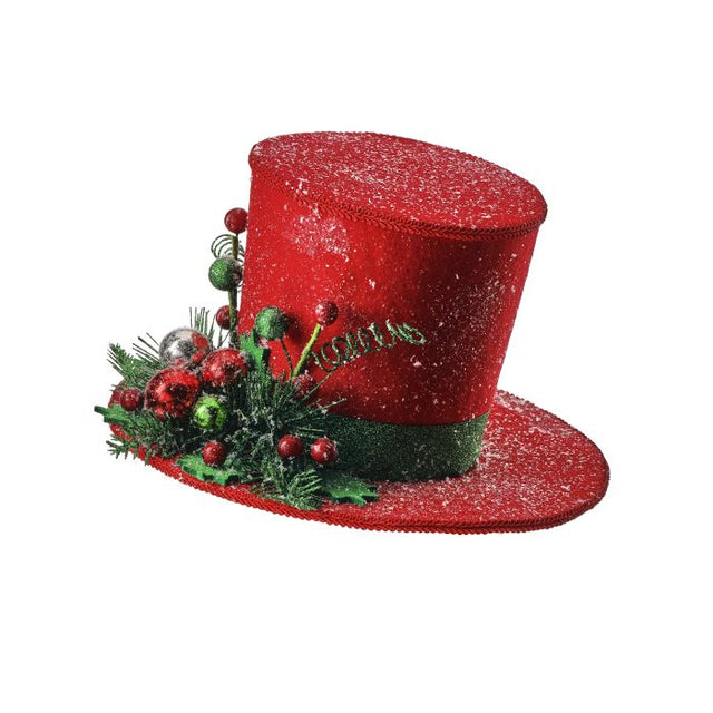 Red felt top hat tree topper with frosted snow dusting, greenery and berry trim.