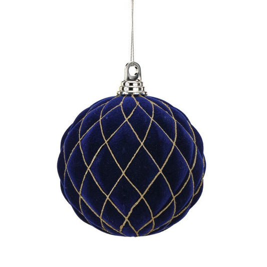 Midnight blue velvet ball ornament with a diamond pattern.