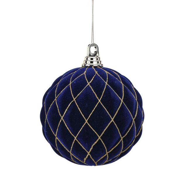 Midnight blue velvet ball ornament with a diamond pattern.