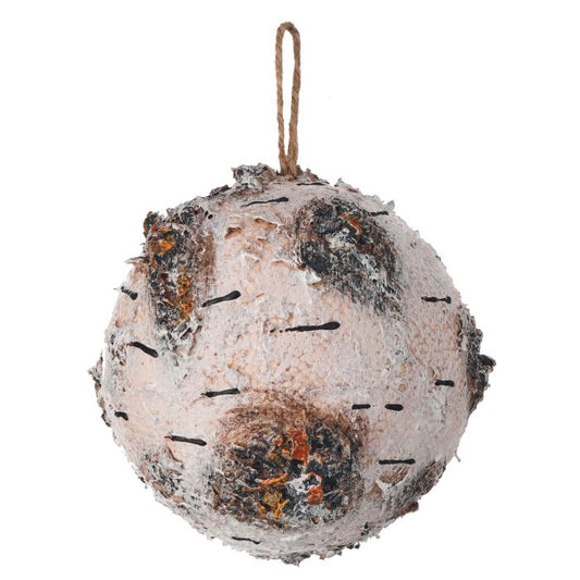 Ball ornament with pale papery birch-bark texture.