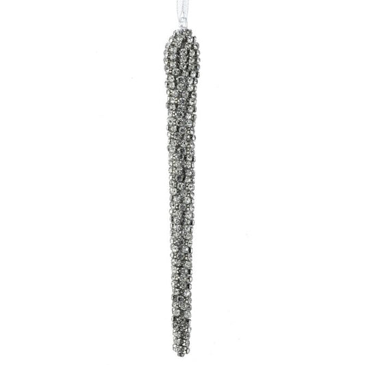 Clear and silver diamond icicle ornament with a faceted finish.