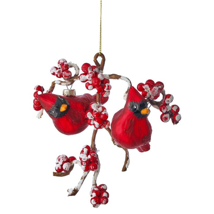 6 inch Cardinal on Snow Berry Branch Glass Ornament