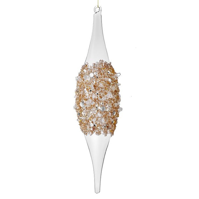 Gold ice finial ornament with a frozen finish.