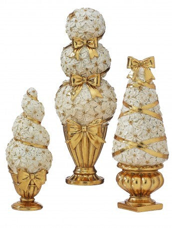 Set/3 8-12” Topiaries Potted Resin Ivory Gold