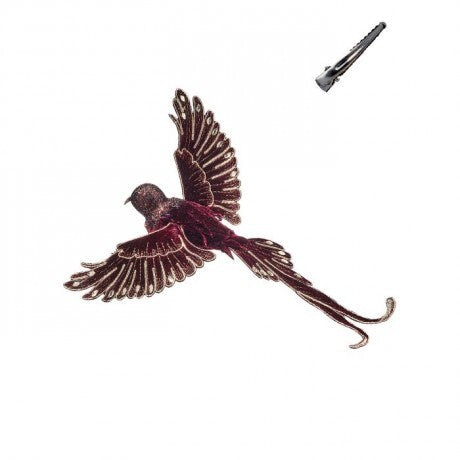 10” Velvet Bird Clip Burgundy Gold Wingtip Gems