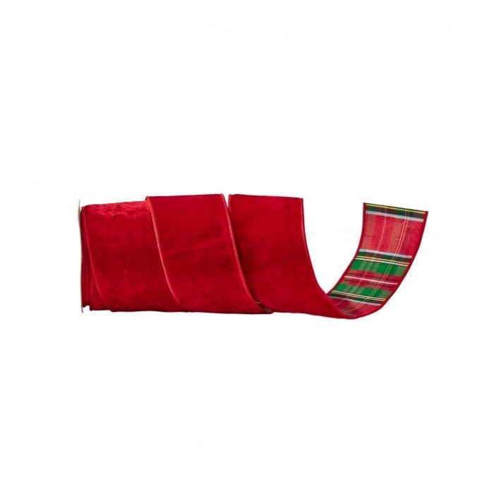 4”x10Y Ribbon Velvet Plaid Backing Red Green
