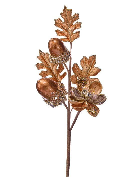 Rose gold jeweled spray with jewel acorn magnolia rose gold detail.