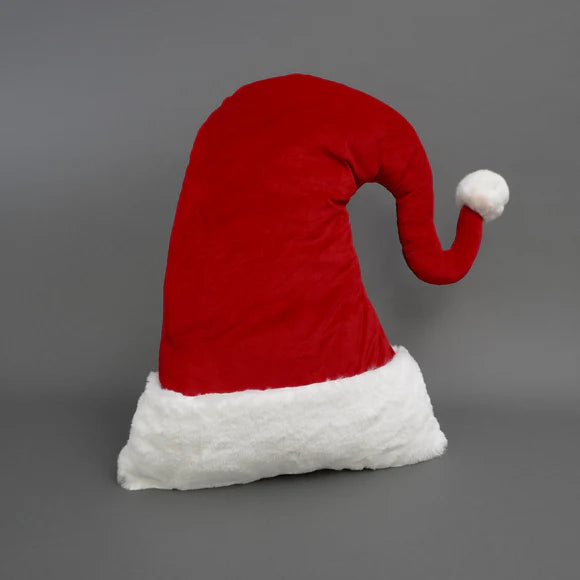 Red and white Santa hat pillow with a soft finish.