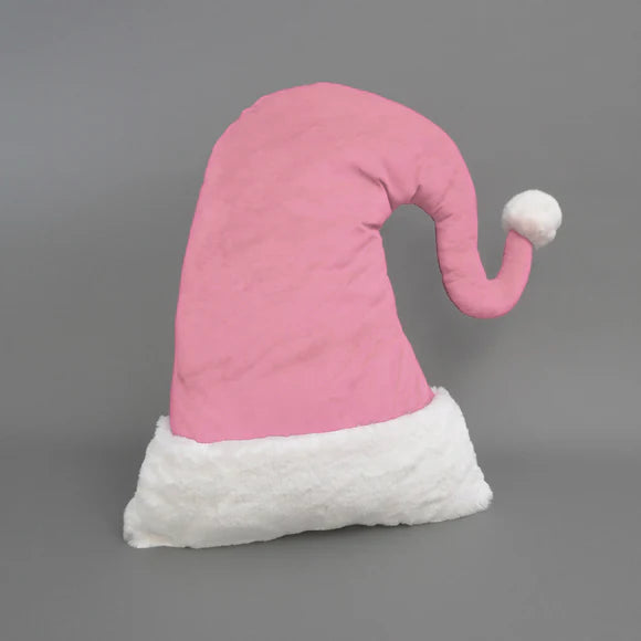 Pink Santa hat pillow with a soft plush finish.