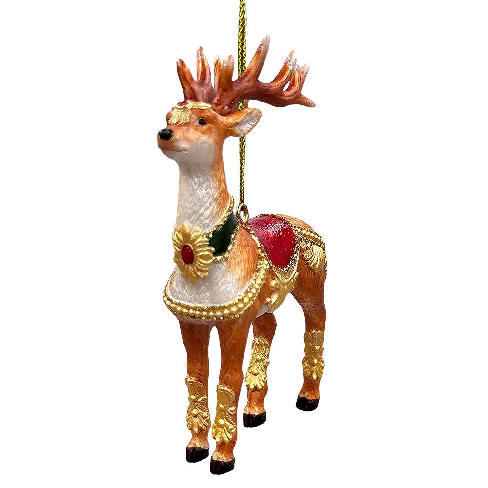 Brown glass reindeer ornament, front view showing the gold medallion collar and red saddle blanket.