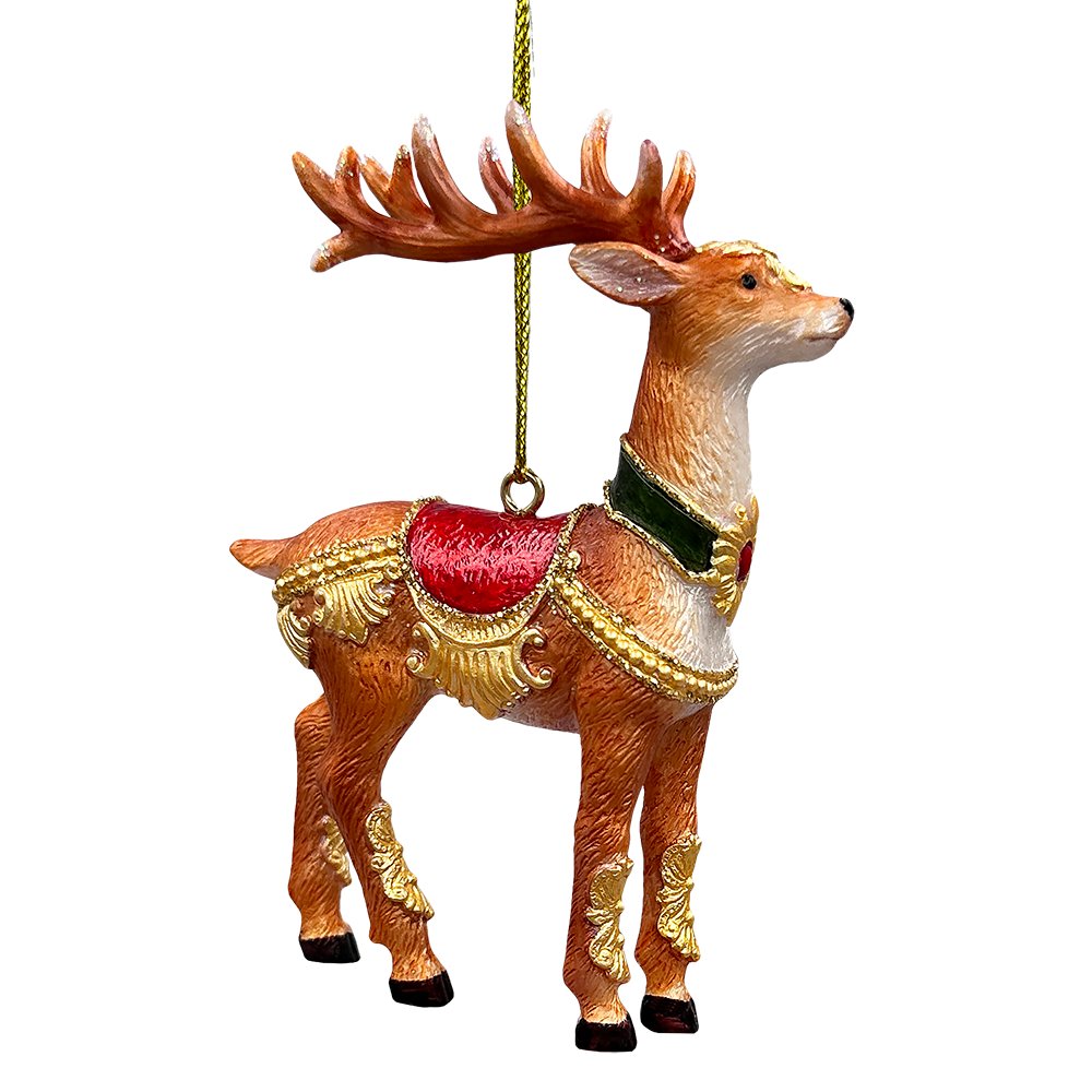 Brown glass reindeer ornament with a red saddle blanket, gold trim and large antlers.