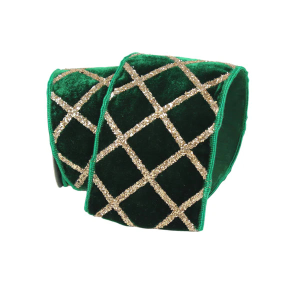 4"x5Y Emerald Velvet Glitter Lattice Ribbon