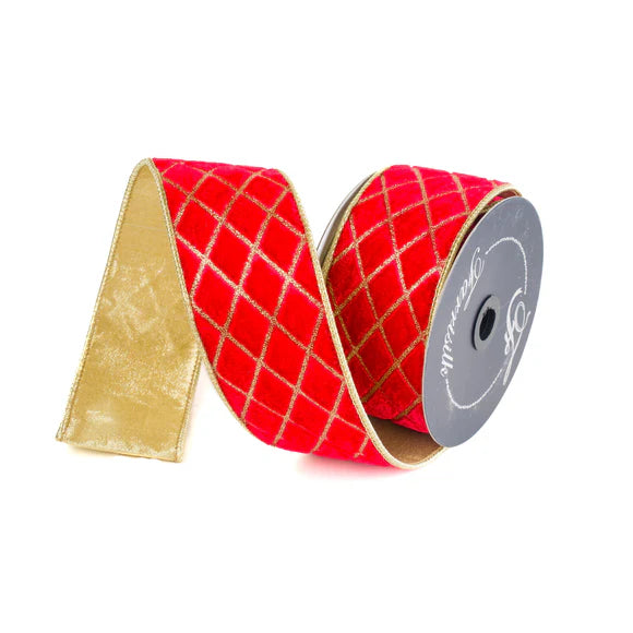 Red and gold ribbon with a metallic diamond pattern.