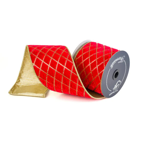 Red and gold metallic diamond ribbon with a woven pattern.