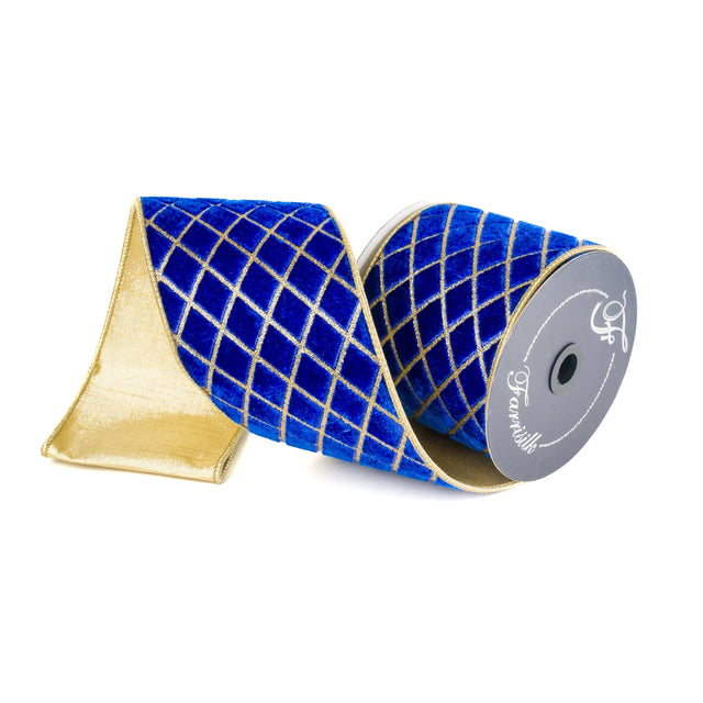 Royal blue metallic diamond ribbon with a jewel-toned pattern.