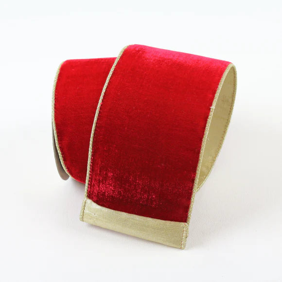 Red velvet ribbon with a luster back, shown as a roll.