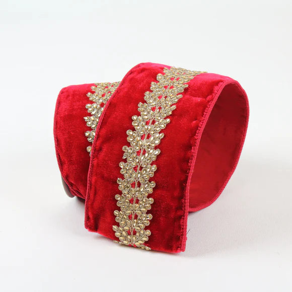 Red ribbon with a royal vine pattern.