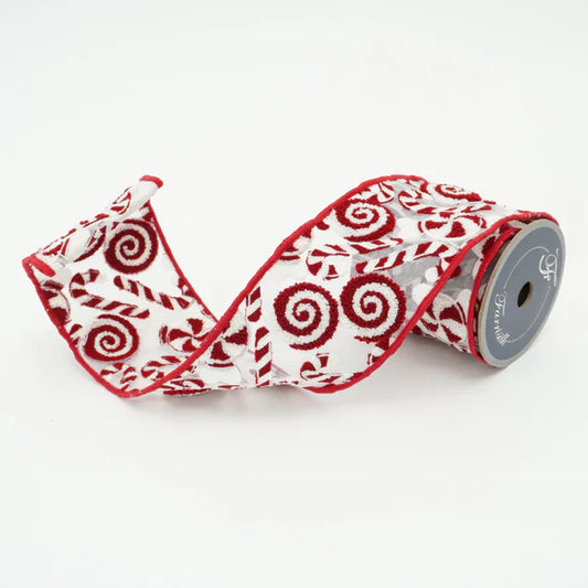 4"x10Y Red White Candies Embroidered Ribbon