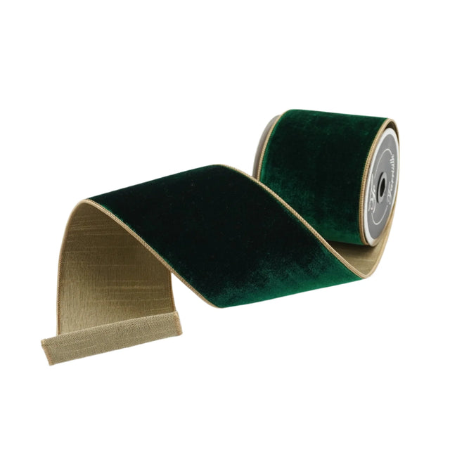 Emerald and gold velvet ribbon with a rich finish.
