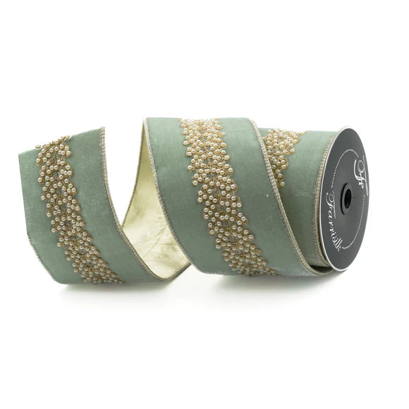 Light blue royal pearl vine ribbon with a wired edge, shown as a roll.
