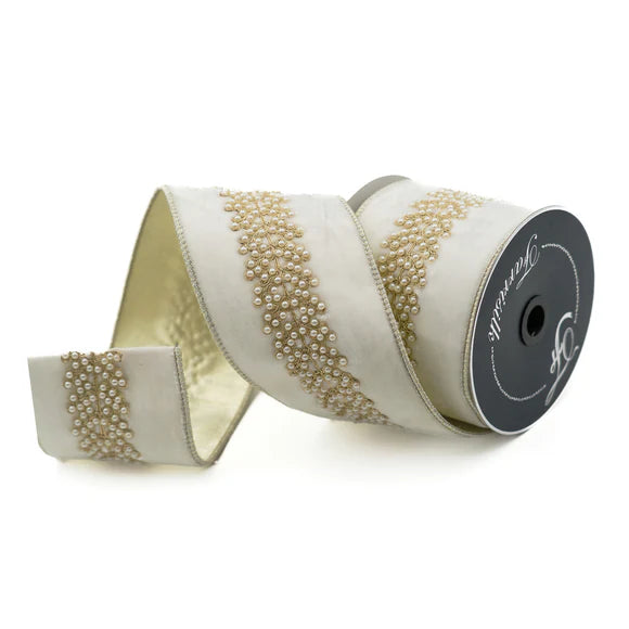 Ivory ribbon with a pearl vine design, shown as a roll.