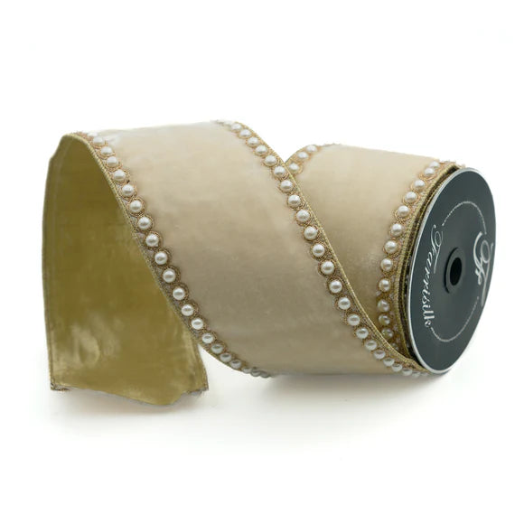 Cream ribbon with pearl borders and a wired edge.