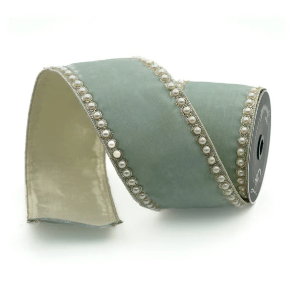 Light blue ribbon with pearl borders.