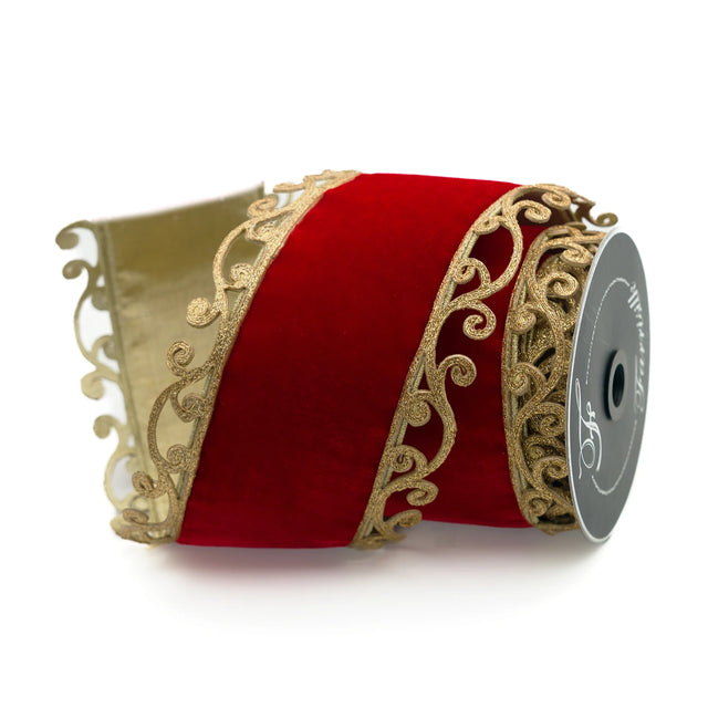 Red and gold ribbon with a Santa scroll pattern.