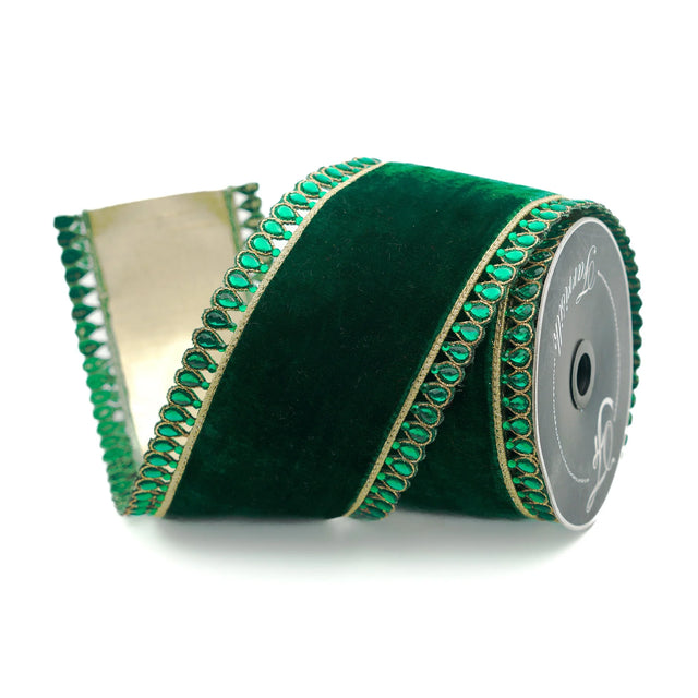 Emerald velvet ribbon with jeweled plume borders.